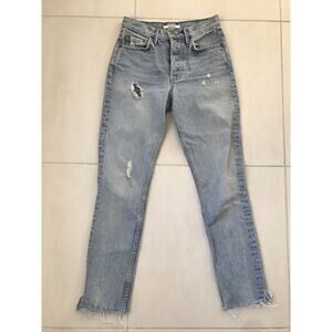 Grlfrnd Karolina High Waist Distressed Cut Off Straight Leg Denim Jeans